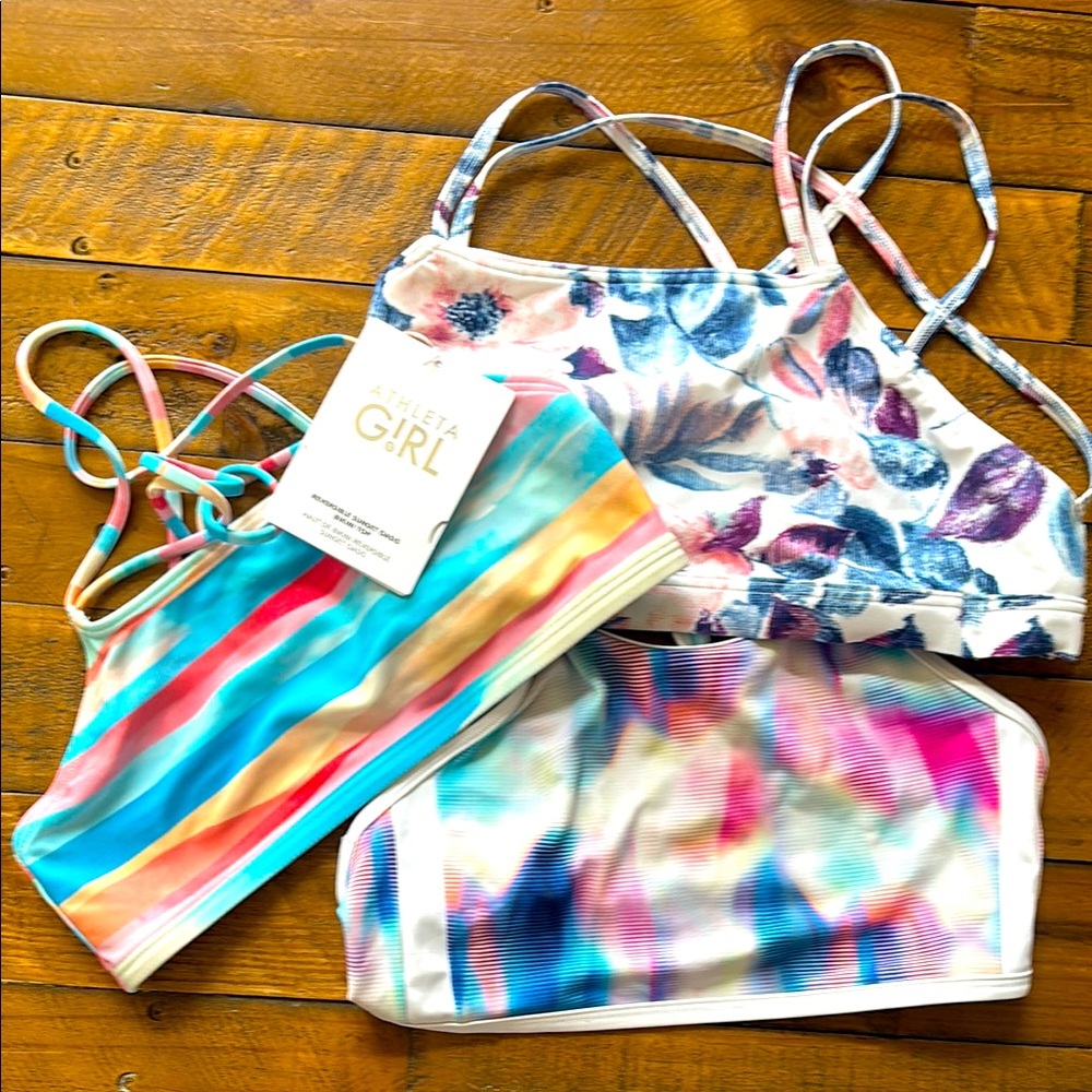 3 girls size 14/16 swim suit tops   2 Athleta girl and 1 abercrombie kids
